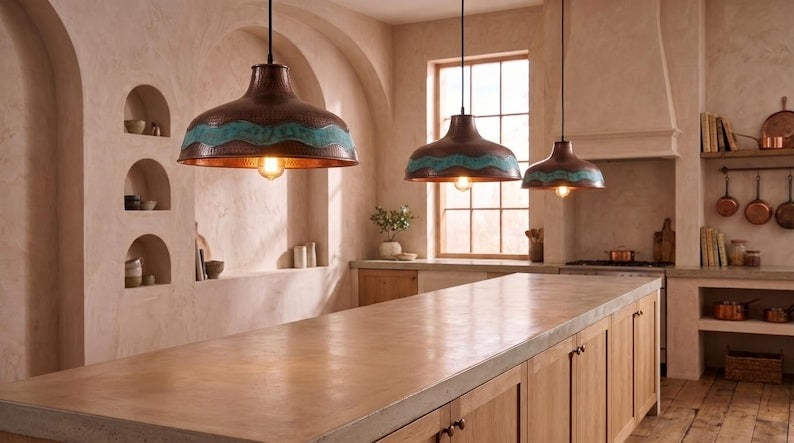 Handmade Moroccan Brass Pendant Light – Hammered Copper Dome Ceiling Lamp with Verdigris Wave Band and Rustic Artisan Patina
