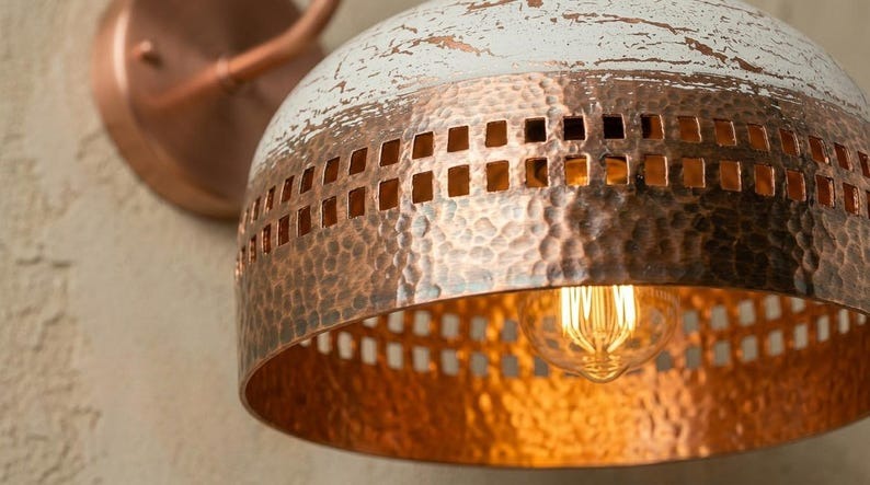 Handmade Brass Wall Sconce – White Patina & Copper Hammered Brass Dome Wall Light with Rectangular Cutout Band, Moroccan Rustic Farmhouse Wall Lamp