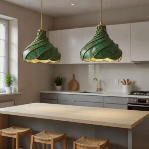 Green Patina Spiral Copper Pendant Light, Handmade Moroccan Scalloped Dome Chandelier, Verdigris Copper Kitchen Island Hanging Lamp, Boho Rustic Farmhouse Ceiling Light Fixture