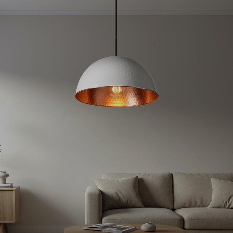 White Hammered Copper Dome Pendant Light, Handmade Moroccan White and Copper Kitchen Island Chandelier, Modern Farmhouse Hanging Lamp, Boho Minimalist Ceiling Light Fixture