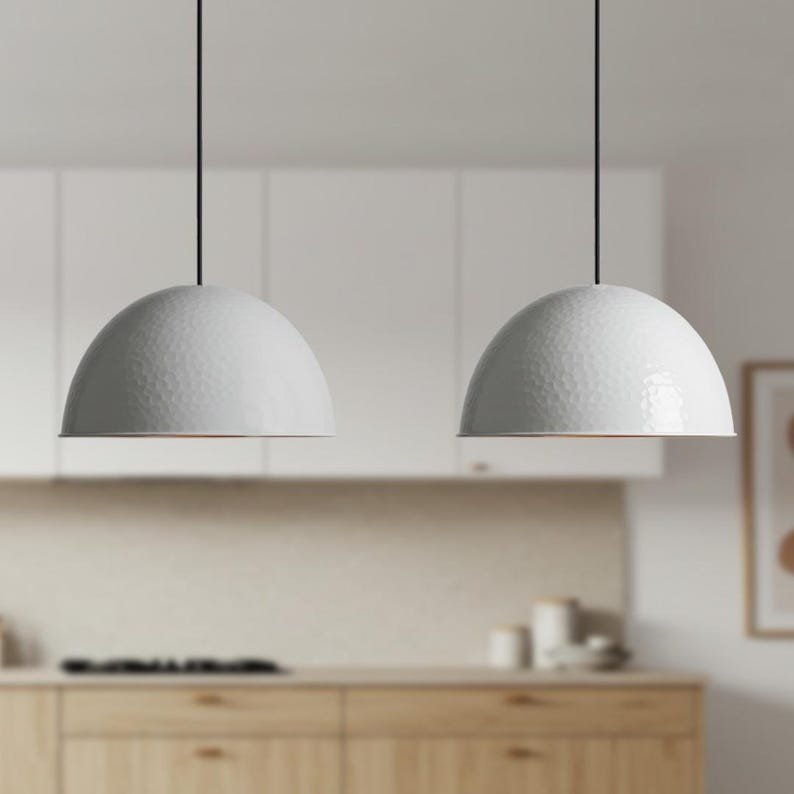 White Hammered Copper Dome Pendant Light, Handmade Moroccan White and Copper Kitchen Island Chandelier, Modern Farmhouse Hanging Lamp, Boho Minimalist Ceiling Light Fixture