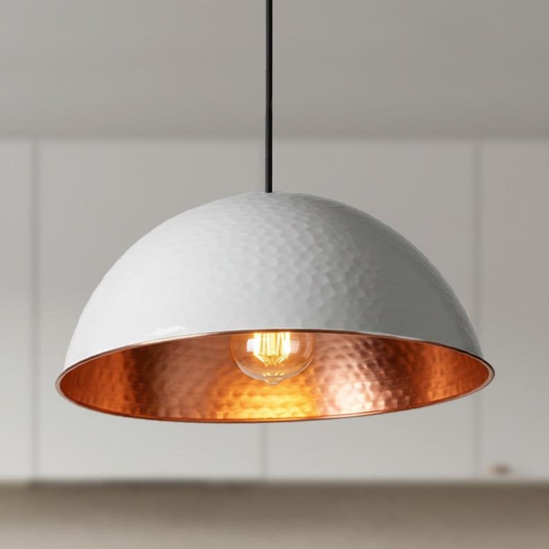 White Hammered Copper Dome Pendant Light, Handmade Moroccan White and Copper Kitchen Island Chandelier, Modern Farmhouse Hanging Lamp, Boho Minimalist Ceiling Light Fixture
