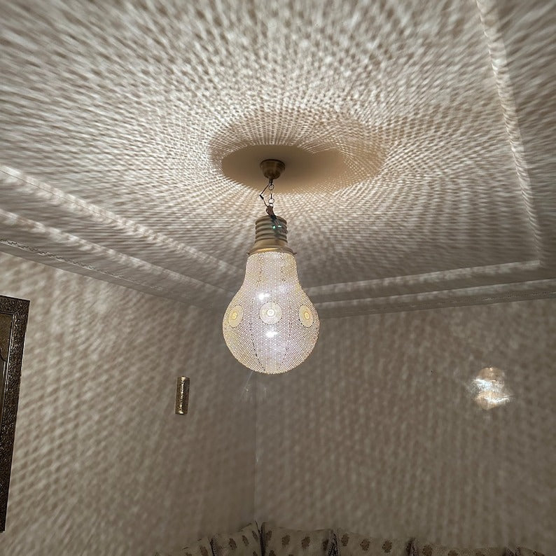 Moroccan Pierced Silver Bulb Pendant Light, Handmade Moorish Teardrop Hanging Chandelier, Boho Arabic Shadow Lantern, Gold Accent Filigree Ceiling Light Fixture