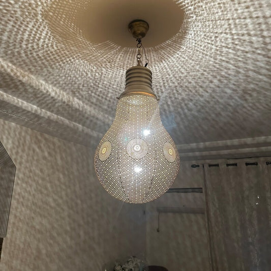 Moroccan Pierced Silver Bulb Pendant Light, Handmade Moorish Teardrop Hanging Chandelier, Boho Arabic Shadow Lantern, Gold Accent Filigree Ceiling Light Fixture