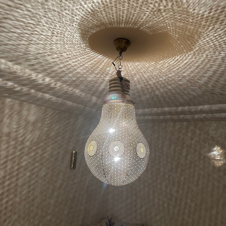 Moroccan Pierced Silver Bulb Pendant Light, Handmade Moorish Teardrop Hanging Chandelier, Boho Arabic Shadow Lantern, Gold Accent Filigree Ceiling Light Fixture