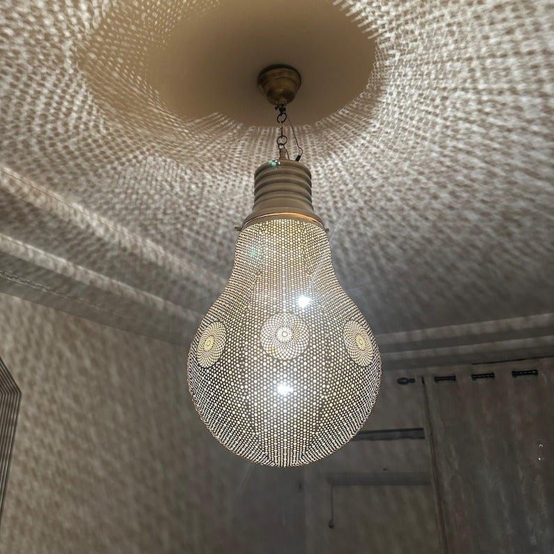 Moroccan Pierced Silver Bulb Pendant Light, Handmade Moorish Teardrop Hanging Chandelier, Boho Arabic Shadow Lantern, Gold Accent Filigree Ceiling Light Fixture