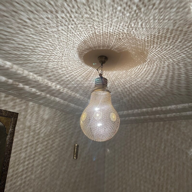 Moroccan Pierced Silver Bulb Pendant Light, Handmade Moorish Teardrop Hanging Chandelier, Boho Arabic Shadow Lantern, Gold Accent Filigree Ceiling Light Fixture