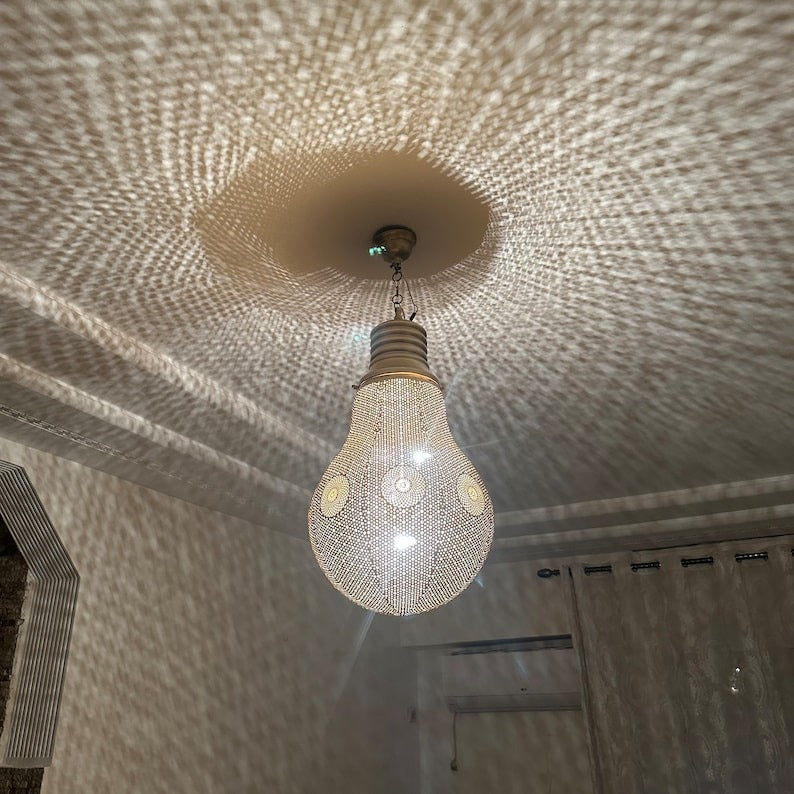 Moroccan Pierced Silver Bulb Pendant Light, Handmade Moorish Teardrop Hanging Chandelier, Boho Arabic Shadow Lantern, Gold Accent Filigree Ceiling Light Fixture
