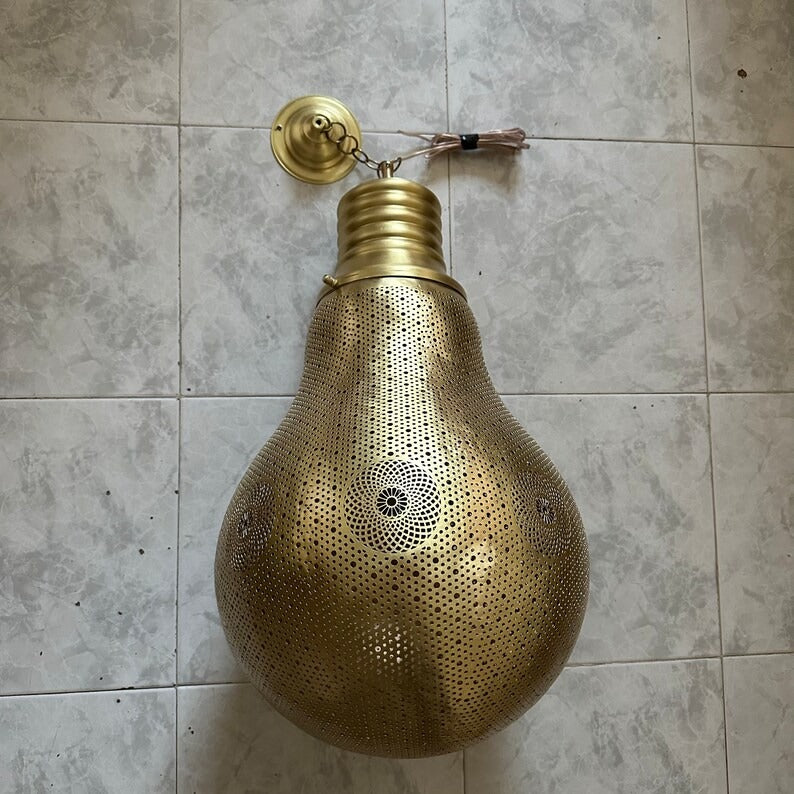 Moroccan Pierced Silver Bulb Pendant Light, Handmade Moorish Teardrop Hanging Chandelier, Boho Arabic Shadow Lantern, Gold Accent Filigree Ceiling Light Fixture