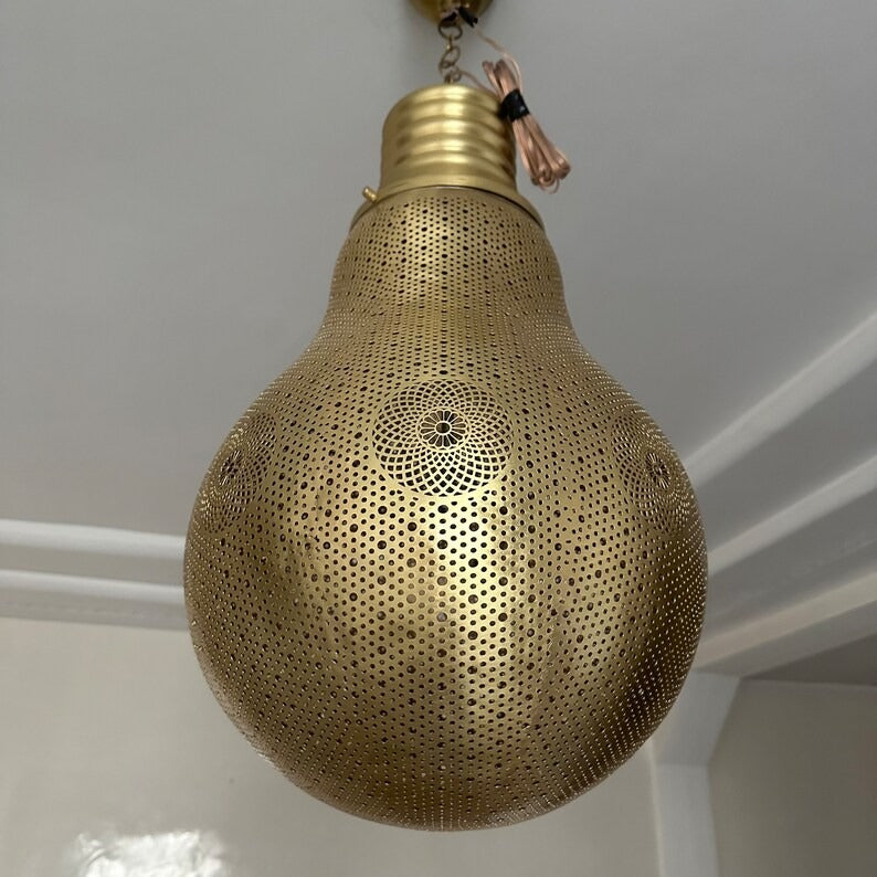 Moroccan Pierced Silver Bulb Pendant Light, Handmade Moorish Teardrop Hanging Chandelier, Boho Arabic Shadow Lantern, Gold Accent Filigree Ceiling Light Fixture