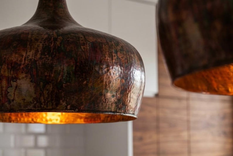 Set of 3 Handmade Moroccan Brass Pendant Lights – Aged Bronze Brass Hanging Lamps with Warm Gold Interiors, Large Modern Boho Kitchen Island Lighting Set