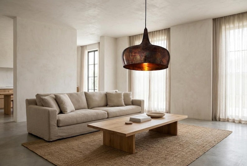 Set of 3 Handmade Moroccan Brass Pendant Lights – Aged Bronze Brass Hanging Lamps with Warm Gold Interiors, Large Modern Boho Kitchen Island Lighting Set
