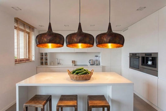 Set of 3 Handmade Moroccan Brass Pendant Lights – Aged Bronze Brass Hanging Lamps with Warm Gold Interiors, Large Modern Boho Kitchen Island Lighting Set