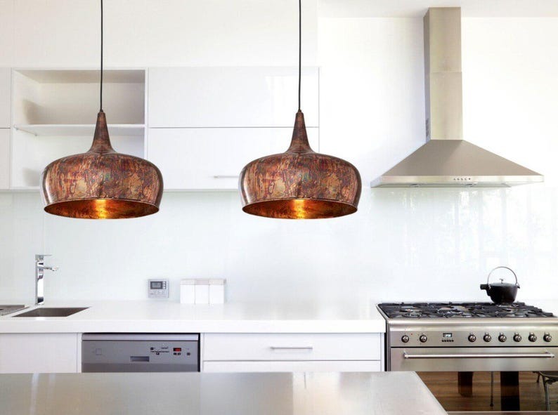 Aged Copper Brass Pendant Light – Hand-Finished Moroccan Drum Kitchen Island Chandelier with Rustic Patina
