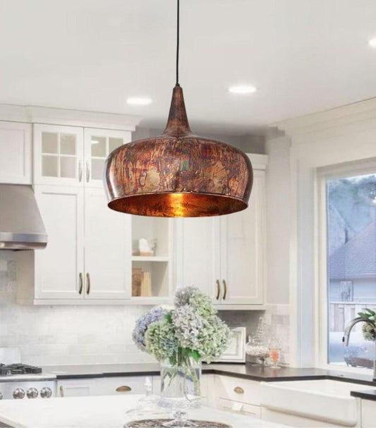 Aged Copper Brass Pendant Light – Hand-Finished Moroccan Drum Kitchen Island Chandelier with Rustic Patina