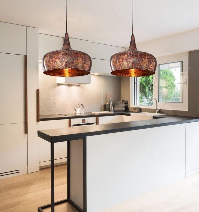 Aged Copper Brass Pendant Light – Hand-Finished Moroccan Drum Kitchen Island Chandelier with Rustic Patina