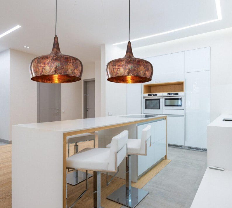 Aged Copper Brass Pendant Light – Hand-Finished Moroccan Drum Kitchen Island Chandelier with Rustic Patina