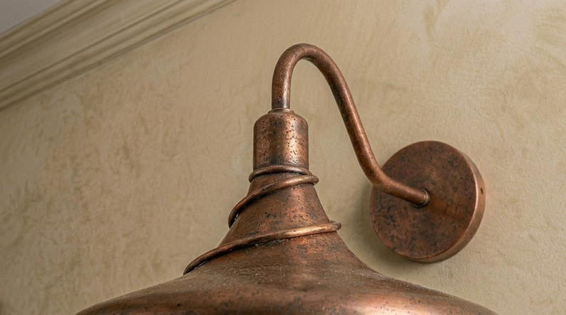 Handmade Brass Wall Sconce – Aged Copper Brass Dome Wall Light, Moroccan Rustic Farmhouse Wall Lamp with Curved Arm Fixture