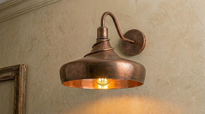 Handmade Brass Wall Sconce – Aged Copper Brass Dome Wall Light, Moroccan Rustic Farmhouse Wall Lamp with Curved Arm Fixture