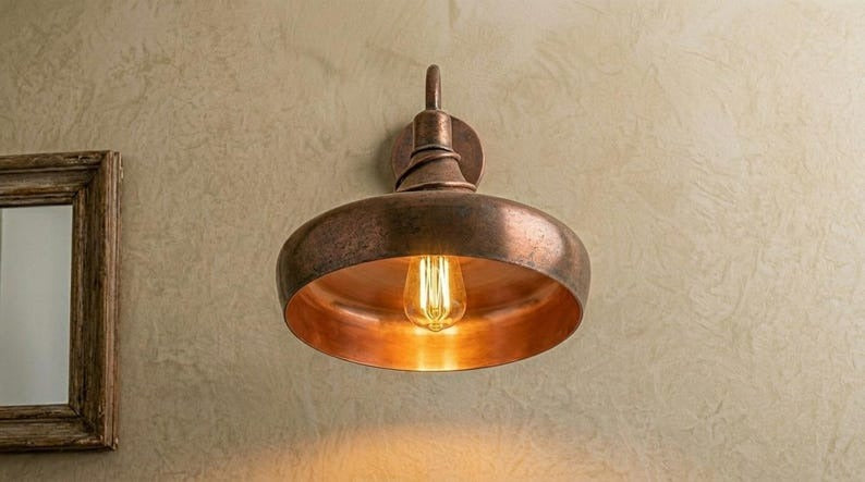 Handmade Brass Wall Sconce – Aged Copper Brass Dome Wall Light, Moroccan Rustic Farmhouse Wall Lamp with Curved Arm Fixture