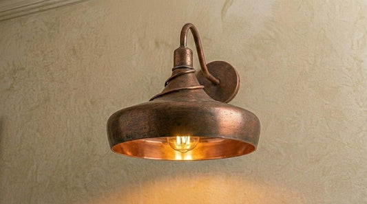 Handmade Brass Wall Sconce – Aged Copper Brass Dome Wall Light, Moroccan Rustic Farmhouse Wall Lamp with Curved Arm Fixture