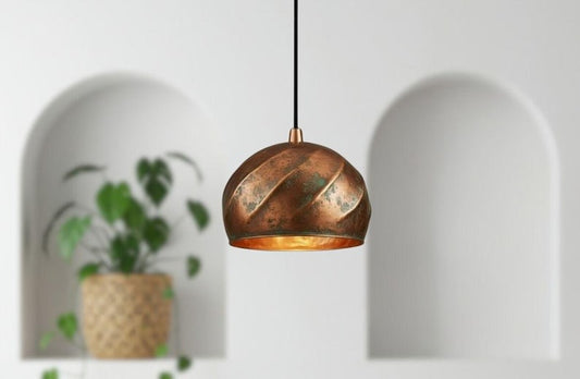Handmade Moroccan Brass Dome Pendant Light – Aged Copper Patina Brass Hanging Lamp with Ribbed Dome Design, Warm Gold Interior Boho Ceiling Light for Kitchen Island, Dining Room, Bedroom & Entryway