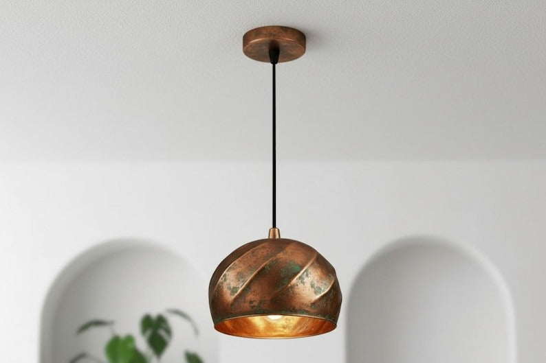 Handmade Moroccan Brass Dome Pendant Light – Aged Copper Patina Brass Hanging Lamp with Ribbed Dome Design, Warm Gold Interior Boho Ceiling Light for Kitchen Island, Dining Room, Bedroom & Entryway