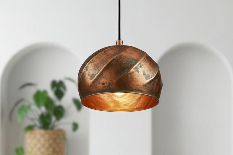 Handmade Moroccan Brass Dome Pendant Light – Aged Copper Patina Brass Hanging Lamp with Ribbed Dome Design, Warm Gold Interior Boho Ceiling Light for Kitchen Island, Dining Room, Bedroom & Entryway