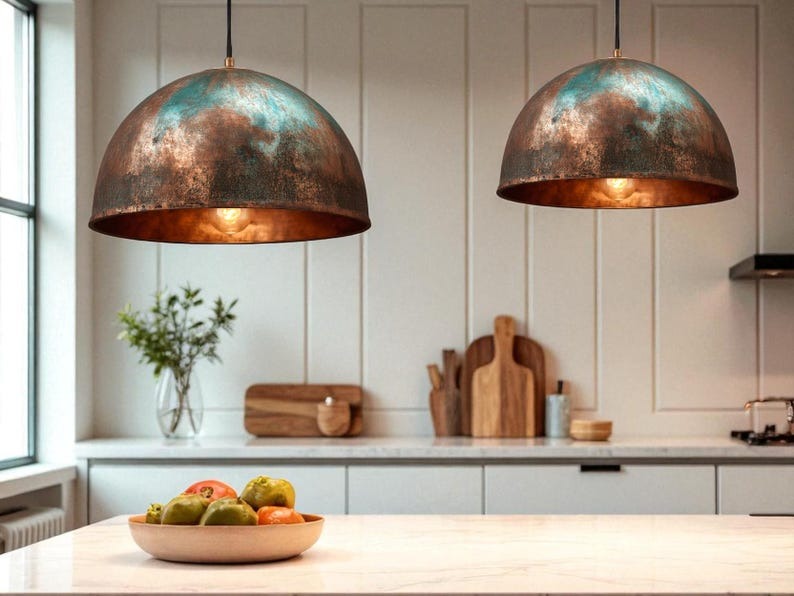 Set of 3 Handmade Moroccan Brass Pendant Lights – Aged Copper & Green Patina Hammered Dome Ceiling Lamps, Kitchen Island & Dining Room Lighting