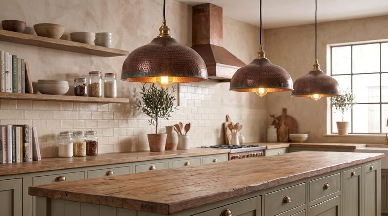 Handmade Brass Moroccan Dome Pendant Light – Aged Copper Hammered Brass Kitchen Island Hanging Lamp with Verdigris Patina Accent, Rustic Farmhouse Ceiling Fixture