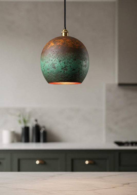 Handmade Moroccan Brass Pendant Light – Green Verdigris Globe Ceiling Lamp with Aged Copper Patina and Warm Interior Glow