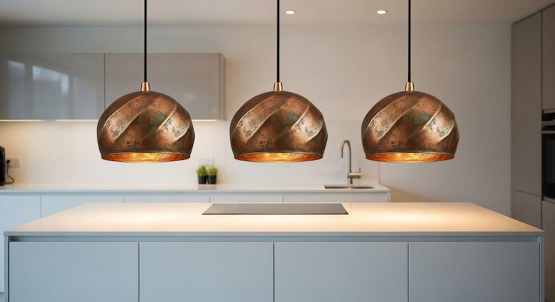 Handmade Moroccan Brass Dome Pendant Light – Aged Copper Patina Brass Hanging Lamp with Ribbed Dome Design, Warm Gold Interior Boho Ceiling Light for Kitchen Island, Dining Room, Bedroom & Entryway