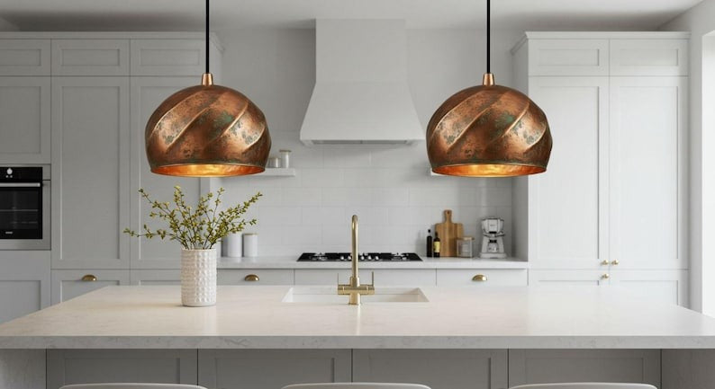 Handmade Moroccan Brass Dome Pendant Light – Aged Copper Patina Brass Hanging Lamp with Ribbed Dome Design, Warm Gold Interior Boho Ceiling Light for Kitchen Island, Dining Room, Bedroom & Entryway