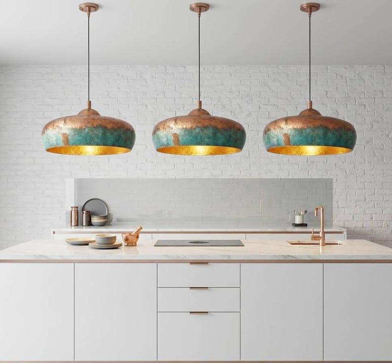 Handmade Moroccan Brass Dome Pendant Light – Aged Copper and Turquoise Verdigris Hanging Lamp with Warm Gold Interior, Large Boho Ceiling Light for Kitchen Island, Dining Room & Living Room
