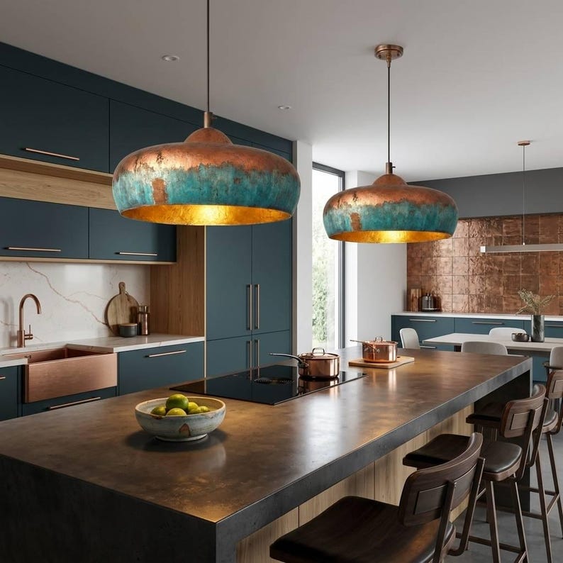 Handmade Moroccan Brass Dome Pendant Light – Aged Copper and Turquoise Verdigris Hanging Lamp with Warm Gold Interior, Large Boho Ceiling Light for Kitchen Island, Dining Room & Living Room