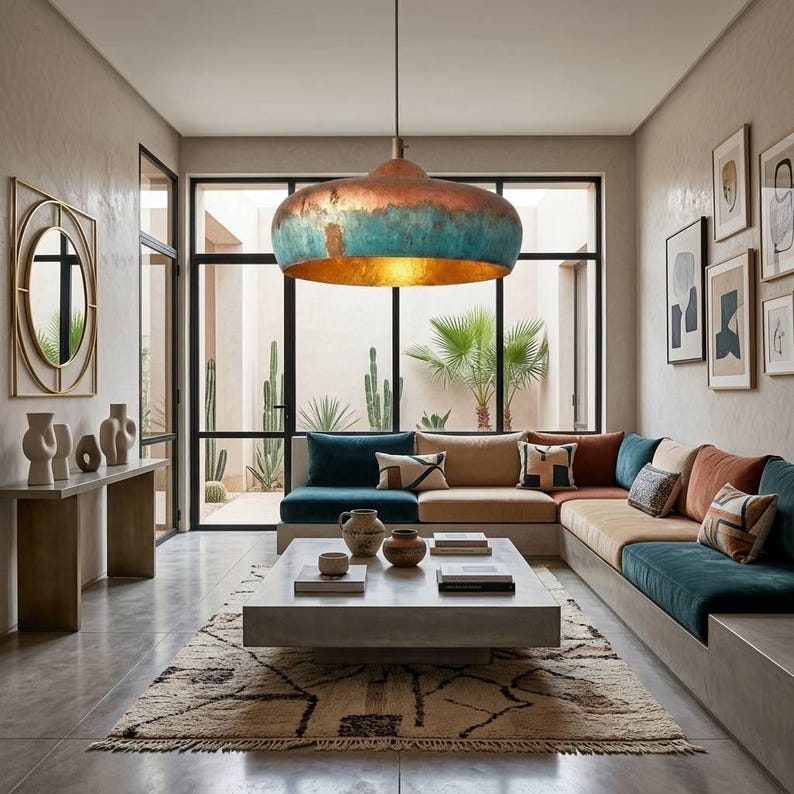 Handmade Moroccan Brass Dome Pendant Light – Aged Copper and Turquoise Verdigris Hanging Lamp with Warm Gold Interior, Large Boho Ceiling Light for Kitchen Island, Dining Room & Living Room