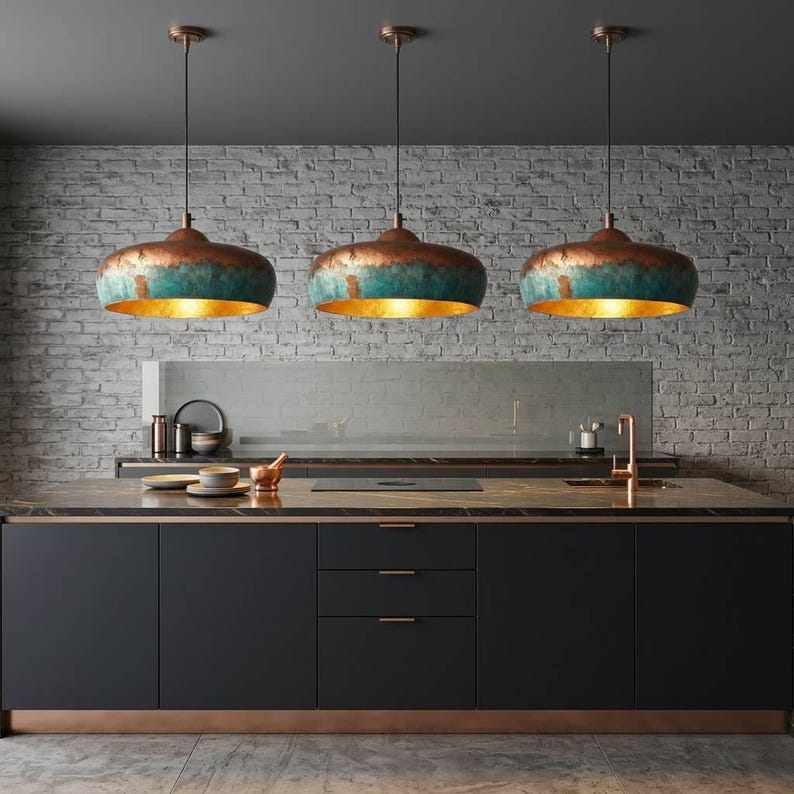 Handmade Moroccan Brass Dome Pendant Light – Aged Copper and Turquoise Verdigris Hanging Lamp with Warm Gold Interior, Large Boho Ceiling Light for Kitchen Island, Dining Room & Living Room