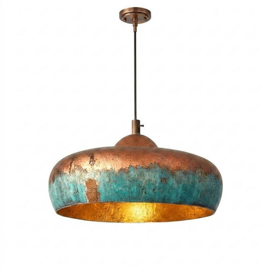 Handmade Moroccan Brass Dome Pendant Light – Aged Copper and Turquoise Verdigris Hanging Lamp with Warm Gold Interior, Large Boho Ceiling Light for Kitchen Island, Dining Room & Living Room