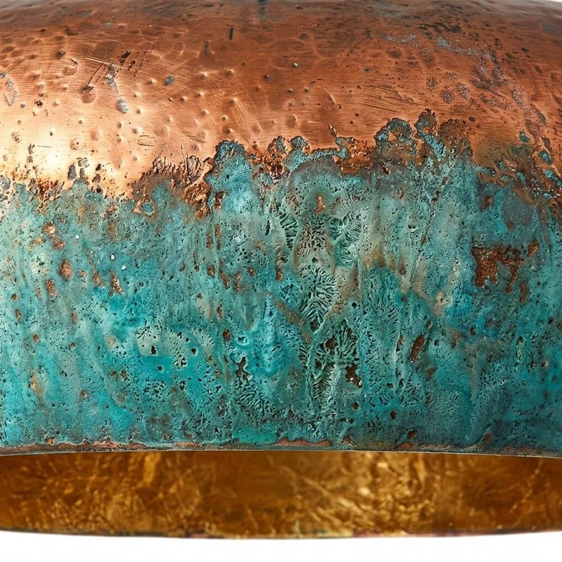 Handmade Moroccan Brass Dome Pendant Light – Aged Copper and Turquoise Verdigris Hanging Lamp with Warm Gold Interior, Large Boho Ceiling Light for Kitchen Island, Dining Room & Living Room