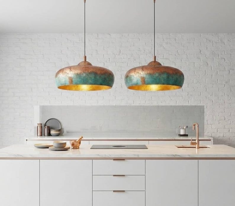 Handmade Moroccan Brass Dome Pendant Light – Aged Copper and Turquoise Verdigris Hanging Lamp with Warm Gold Interior, Large Boho Ceiling Light for Kitchen Island, Dining Room & Living Room