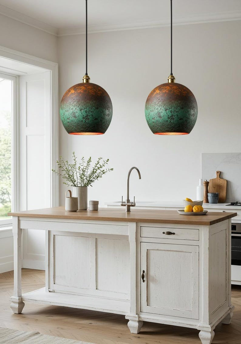 Handmade Moroccan Brass Pendant Light – Green Verdigris Globe Ceiling Lamp with Aged Copper Patina and Warm Interior Glow