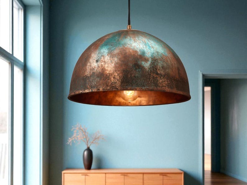 Set of 3 Handmade Moroccan Brass Pendant Lights – Aged Copper & Green Patina Hammered Dome Ceiling Lamps, Kitchen Island & Dining Room Lighting