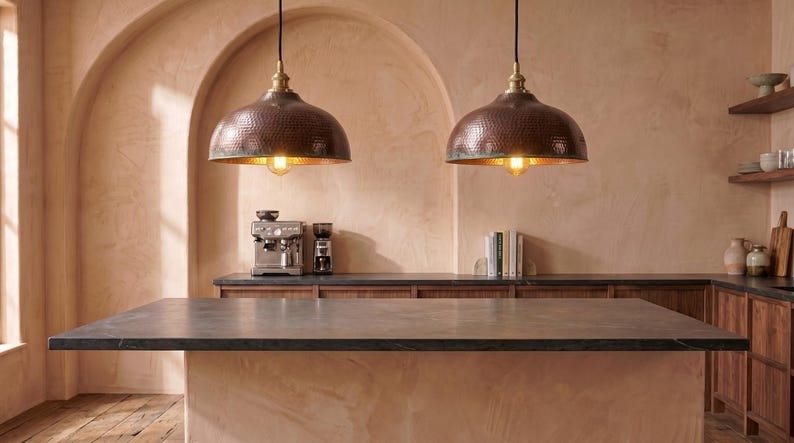 Handmade Brass Moroccan Dome Pendant Light – Aged Copper Hammered Brass Kitchen Island Hanging Lamp with Verdigris Patina Accent, Rustic Farmhouse Ceiling Fixture
