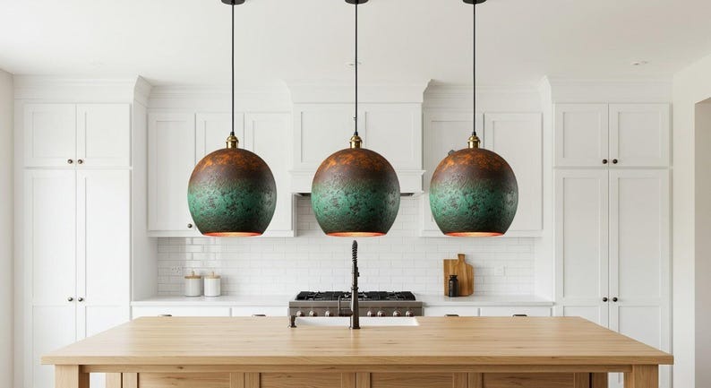 Handmade Moroccan Brass Pendant Light – Green Verdigris Globe Ceiling Lamp with Aged Copper Patina and Warm Interior Glow