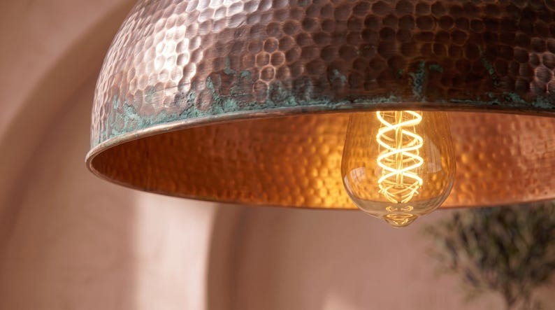 Handmade Brass Moroccan Dome Pendant Light – Aged Copper Hammered Brass Kitchen Island Hanging Lamp with Verdigris Patina Accent, Rustic Farmhouse Ceiling Fixture
