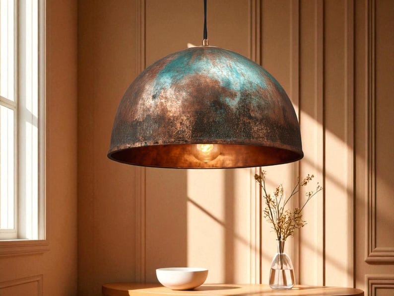 Handmade Moroccan Brass Pendant Light – Aged Copper & Green Patina Hammered Dome Ceiling Lamp, Large Kitchen Island & Dining Room Lighting