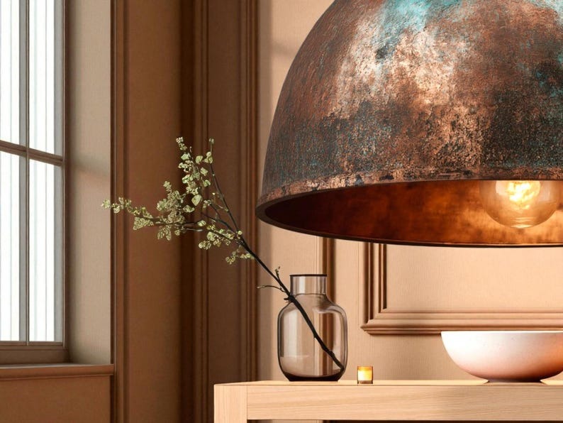Handmade Moroccan Brass Pendant Light – Aged Copper & Green Patina Hammered Dome Ceiling Lamp, Large Kitchen Island & Dining Room Lighting