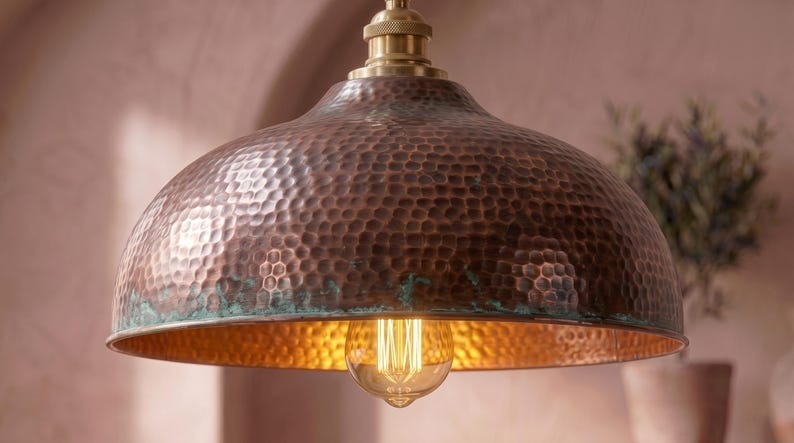 Handmade Brass Moroccan Dome Pendant Light – Aged Copper Hammered Brass Kitchen Island Hanging Lamp with Verdigris Patina Accent, Rustic Farmhouse Ceiling Fixture