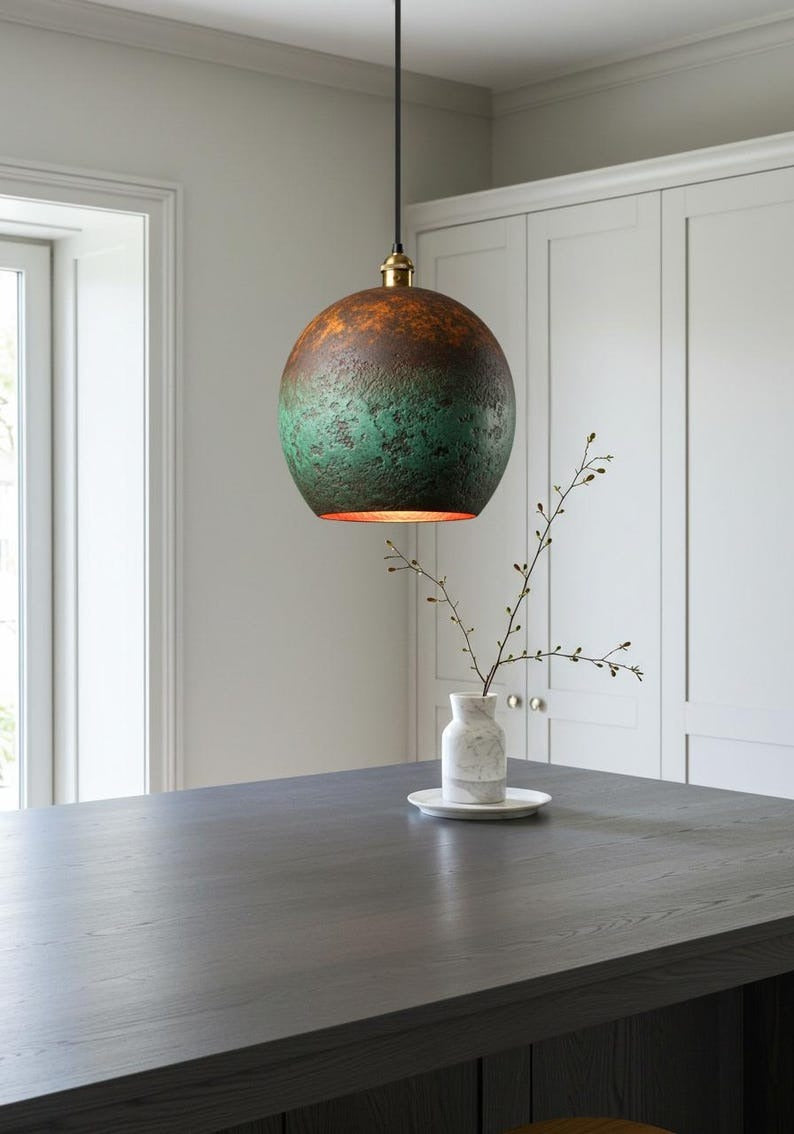 Handmade Moroccan Brass Pendant Light – Green Verdigris Globe Ceiling Lamp with Aged Copper Patina and Warm Interior Glow