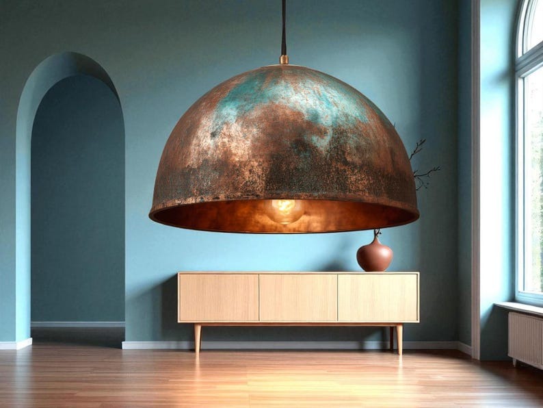 Set of 3 Handmade Moroccan Brass Pendant Lights – Aged Copper & Green Patina Hammered Dome Ceiling Lamps, Kitchen Island & Dining Room Lighting